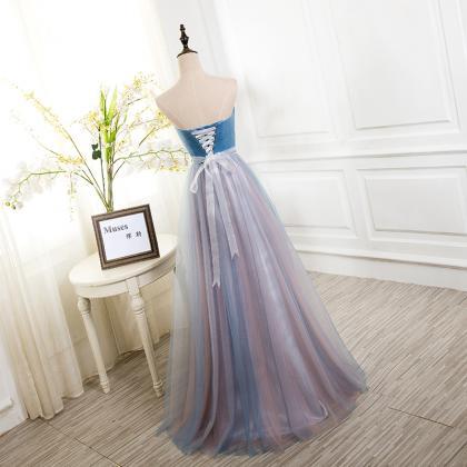 Simple Blue Peach Tulle Sweetheart Strapless Long..