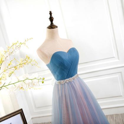 Simple Blue Peach Tulle Sweetheart Strapless Long..