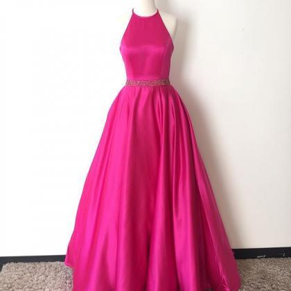 Pink Halter Long Satin Prom Dresses,open Back..