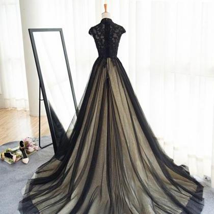 Long Black Tulle Evening Dress,high Neck Banquet..
