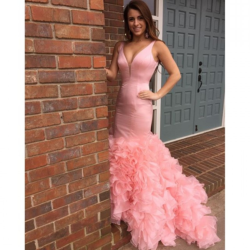 Dusty Pink Ruffles Mermaid Prom Dress Long With Slit Strapless