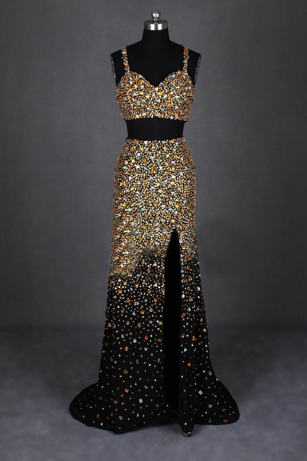 black and gold 2 piece prom dress