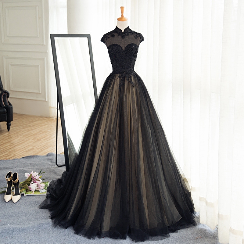 Long Black Tulle Evening Dress,high Neck Banquet Dress,lace Appliques Beads Prom Gowns,custom Made Women Formal Party Dress,court Train Evening