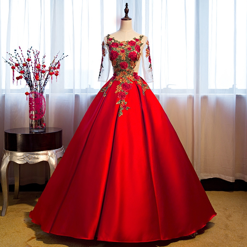 Red Floor Length Satin Wedding Gown Featuring Floral Embroidered Scoop Neck Bodice With Sheer Sleeves And Lace-up Open Back