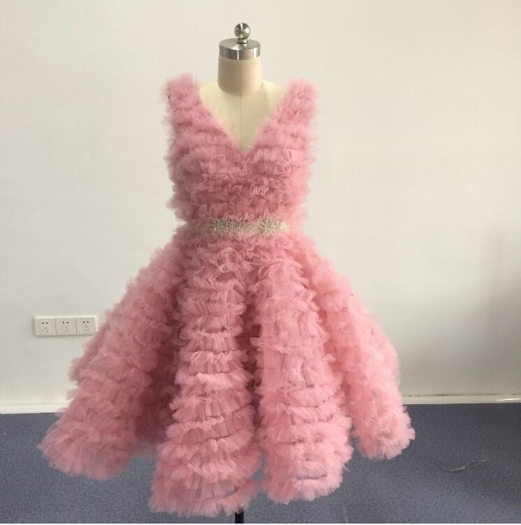 Fashion Short Party Dress,blush Pink Prom Dress,v Neck Pleated Sleeveless Women Formal Party Dress, Tulle Cocktail Dresses,beaded Sashes Party