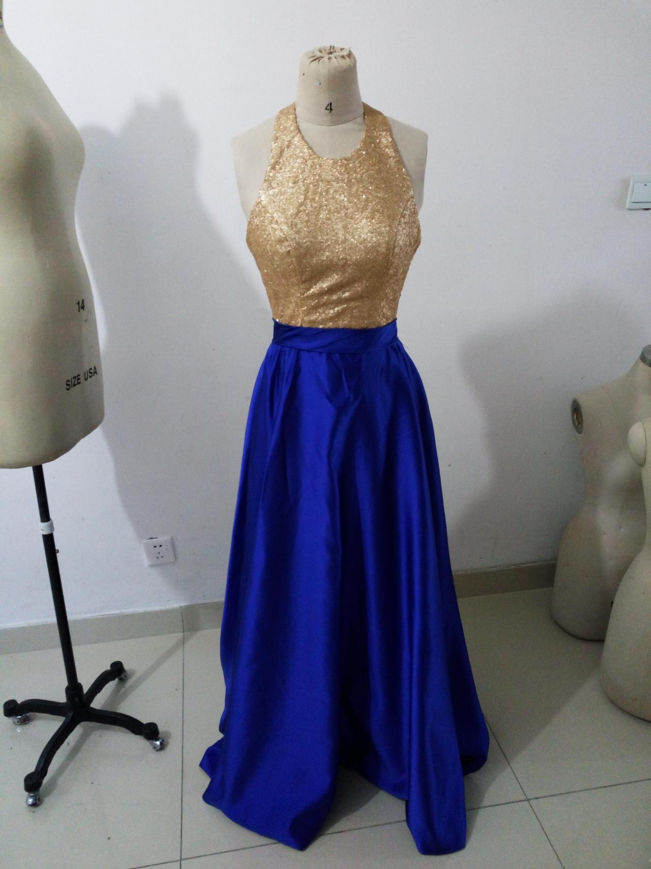 Royal Blue Prom Dresses Gold Sequins Halter Neckline Elegant Satin Prom Gowns Custom Made Long