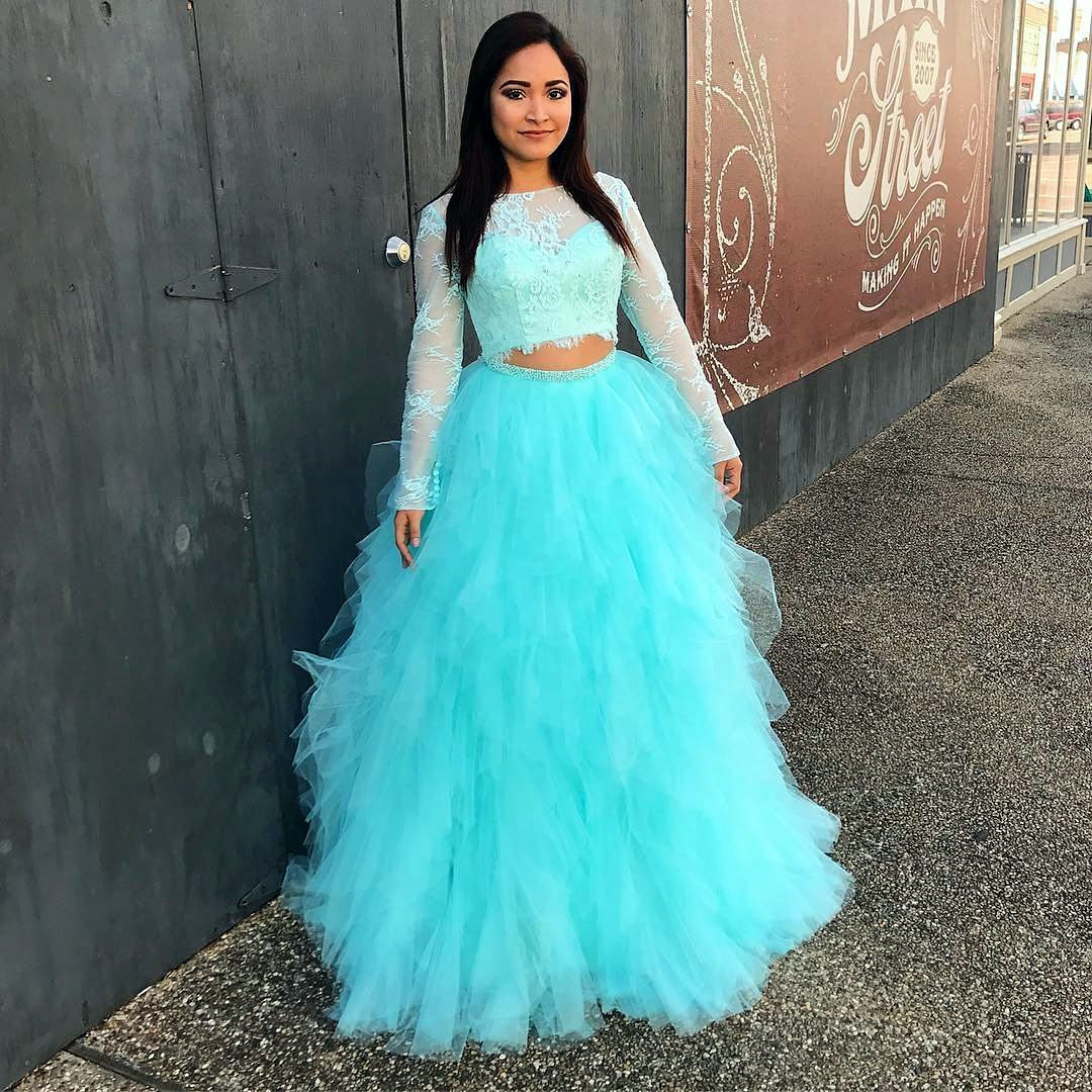 Two Pieces Long Prom Dresses 2017 Elegant Aqua Ball Gown Tulle Bodice Sheer Long Sleeve Formal Eveni on Luulla