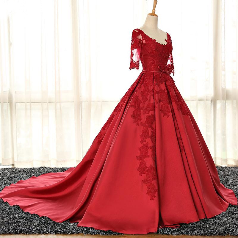 New Long Evening Dress Banquet Wine Red Lace Appliques Luxury Satin Court Train Half Sleeves