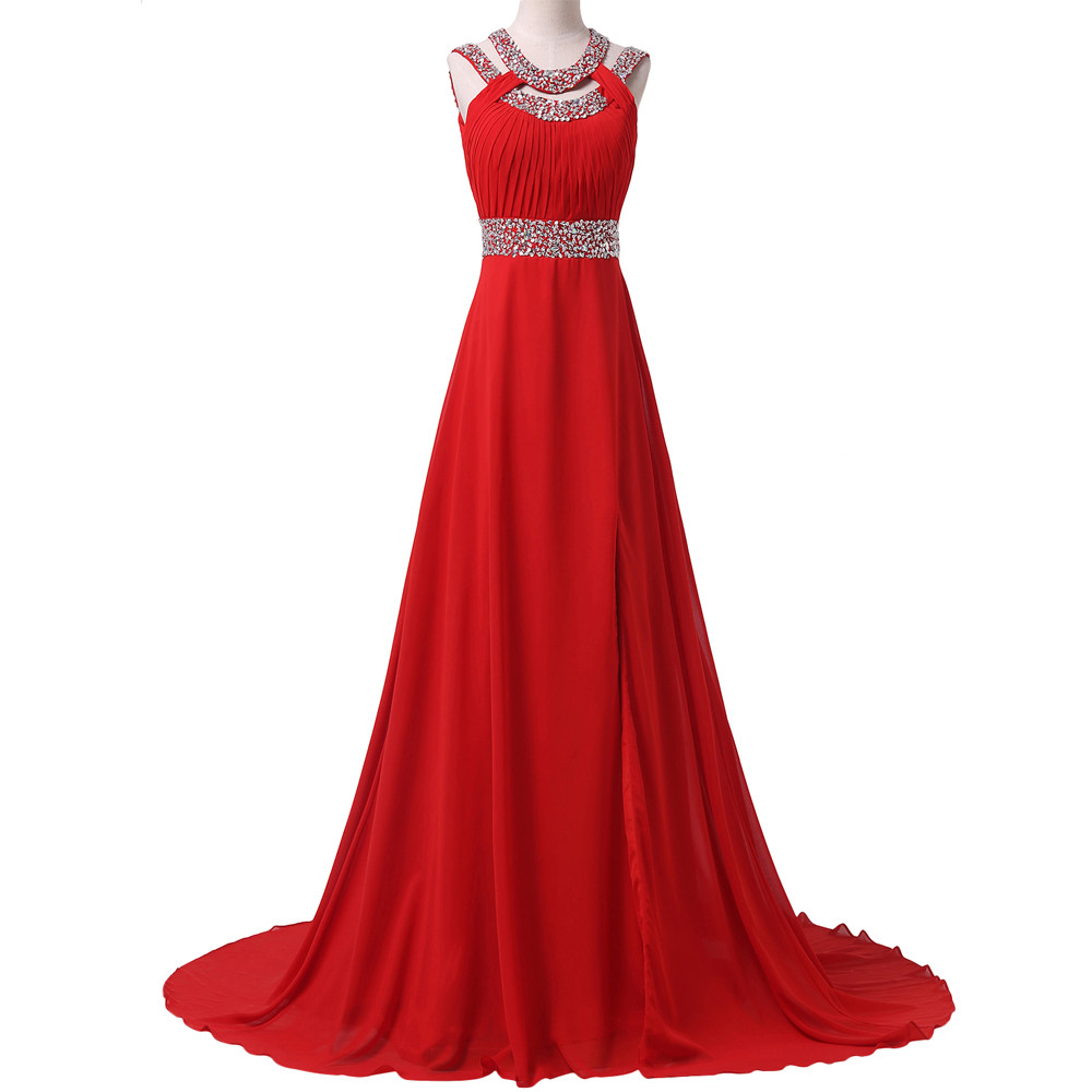 Long Red Prom Dresses 2017 Halter Ruched Beading Backless Chiffon