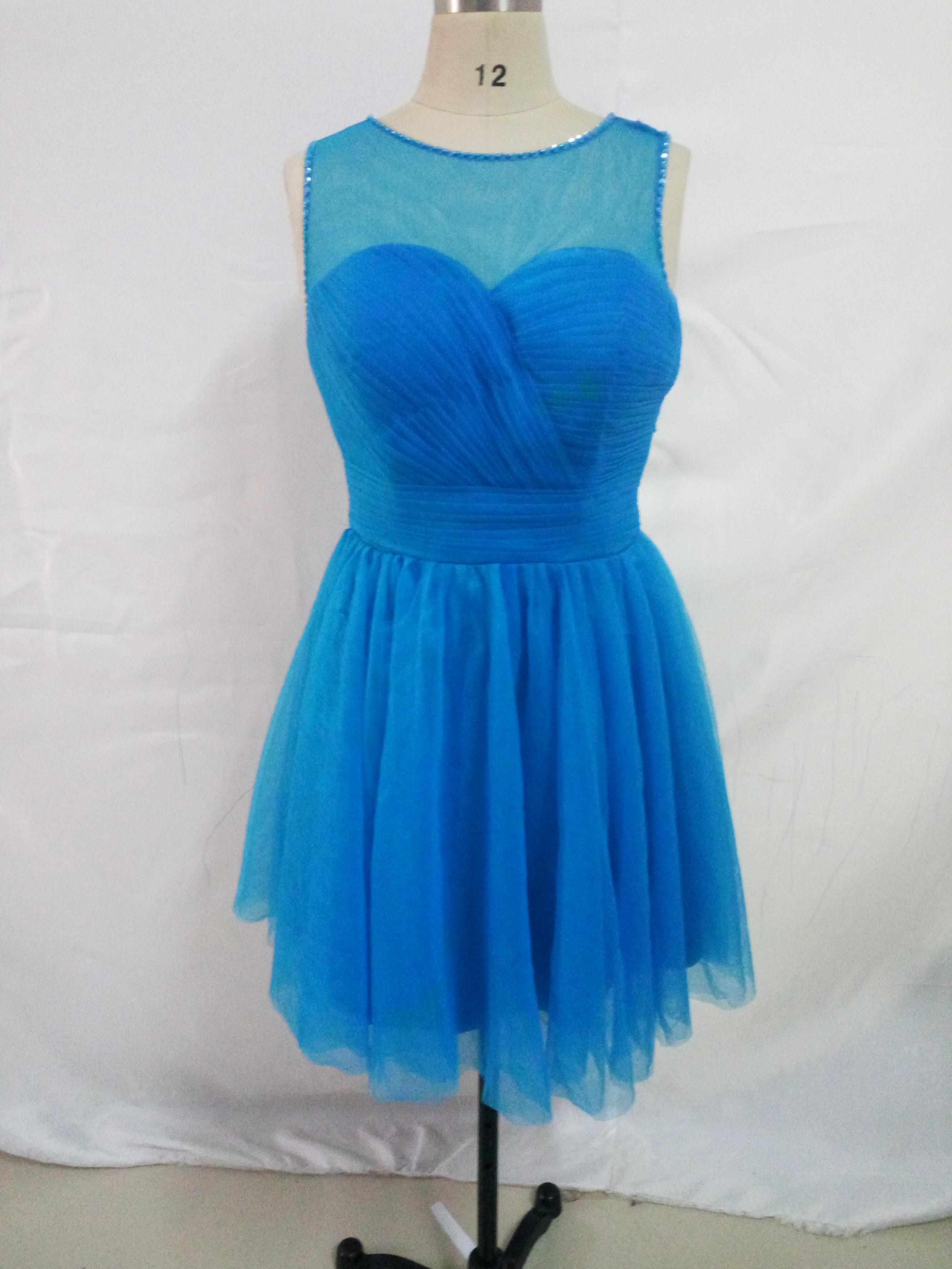 Lovely Short Blue Prom Party Dress,sheer Scoop Neck Dreses